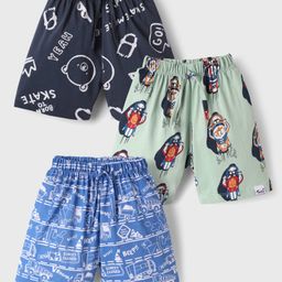 Teddy Sinker Knit Knee Length Shorts With Animal & Vehicles Print Pack Of 3 - Navy Blue Light Green & Blue-image-35
