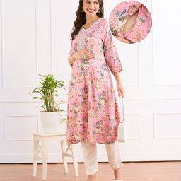 Bella Mama Viscose Woven Three Fourth Sleeves Maternity Kurta With Embriodered Neck & Floral Print - Pink-picture-24