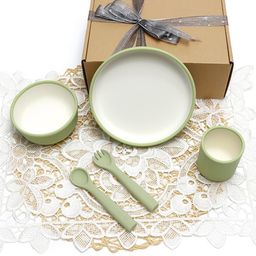 Kids Station 5-Piece Silicone Feeding Set Includes suction plate, bowl, cup, fork & spoon. BPA-free, safe & durable. Makes mealtime fun, easy & mess-free. Ideal for toddlers Green.-image-21