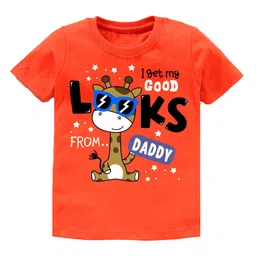 KAVEE Pure Cotton Half Sleeves Giraffe & I Get My Good Looks From Daddy Text Printed Bio Washed Tee - Orange-picture-35