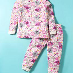 CUCUMBER Sinker Knit Full Sleeves Co-Ords Night Suit With Floral Print - Pink-image-27