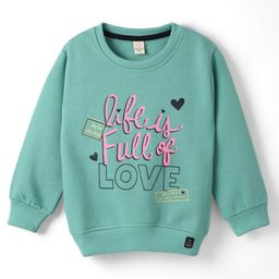 Olio Kids Fleece Knit Full Sleeves Sweatshirt With Text Print - Sea Green-image-3