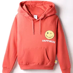 Taeko Fleece Knit Full Sleeves Hooded Sweatshirt With Smiley Print & Kangaroo Pockets - Red-picture-21
