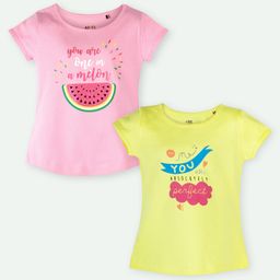 Ariel Cotton Knit Pack Of 2 Half Sleeves Typography Printed Tops - Pink & Yellow-image-86