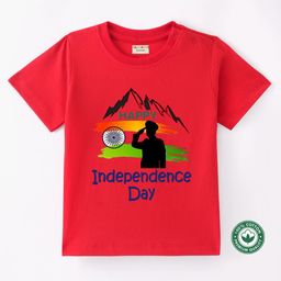BLUSHES 100% Cotton Knit Independence Day Theme Half Sleeves Happy Independence Day Text Printed Tee - Red-image-58