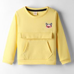 Olio Kids Knitted Full Sleeves Winter T-Shirt With Kangaroo Pockets & Fox Embroidery Patch - Yellow-picture-30