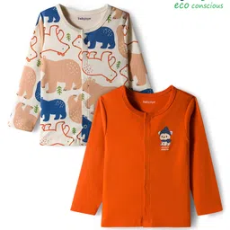 Babyoye 100% Cotton Interlock Knit Full Sleeves Front Open Jhabla with Bear Print Pack of 2 - Orange & Beige-picture-1
