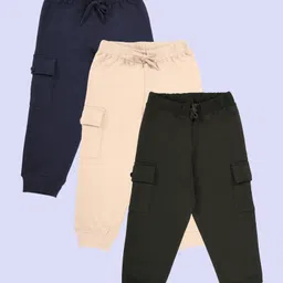 Kiddopanti Pack Of 3 Cotton Fleece Knit Solid Cargo Pocket Detailed Track Pants - Beige Navy Blue & Military Green-picture-3