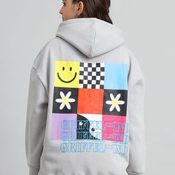 GRIFFEL Women Grey Printed Full Sleeves Fleece Hood neck Sweatshirt-image-33