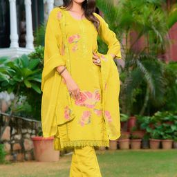 Berrylicious Women Embroidered Regular Thread Work Chanderi Cotton Kurta with Trousers & With Dupatta-image-21