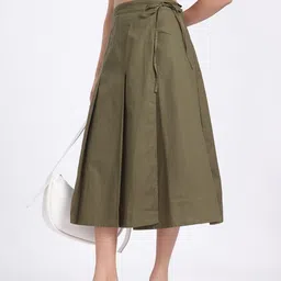 glitchez Military Hues Flex Pleated Pure Cotton Midi Wrap Skirt with Tie-Ups-image-27