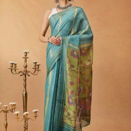 Silk Land Teal Cotton Silk Leheriya Saree With Unstiched Blouse-picture-45