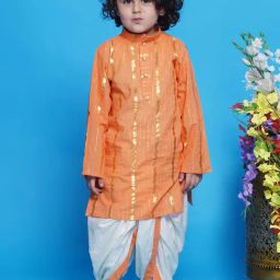 Little Bansi Kids Orange & White Self Design Full Sleeves Kurta with Dhoti-12