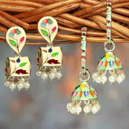 Zaveri Pearls Set of 2 Multicolor Enamel Beads & Kundan Traditional Jhumki Earring-ZPFK16858 image 1