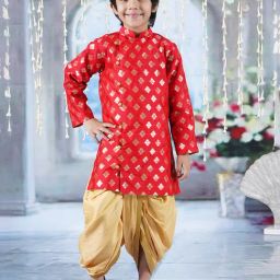 Little Bansi Kids Red & Gold Self Design Full Sleeves Sherwani with Dhoti-image-40