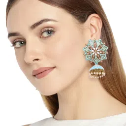 Zaveri Pearls Turquoise Blue Beautiful Enamelling Jhumki Earrings - ZPFK9129 image 1