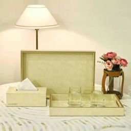 CasaGold Set of 2 Leather Tray With Tissue Holder Set - Cream Twill-21