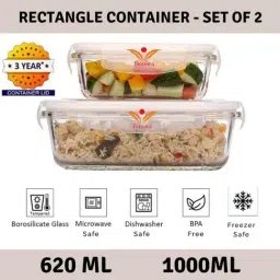 Femora Borosilicate Glass Rectangular Container with Air Vent Lid (620 ml & 1000 ml) - Set of 2-4