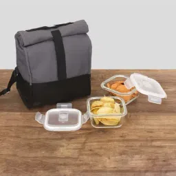 Femora Borosilicate Transparent & Grey Glass Square Lunch Container With Bag Set (0.3 L)-14