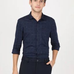 Lee Navy Cotton Slim Fit Checks Shirt-image-11