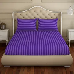 Spaces Stripe Violet 210 TC Cotton King Bed Sheet with 2 Pillow Covers image 1