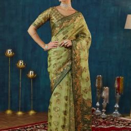 Satrani Green Organza Woven Saree With Unstitched Blouse-picture-33