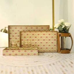 CasaGold Pink Lotus Resin Printed Wooden Tray- Set of 3-15