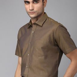Park Avenue Men Yellow & Navy Blue Regular Fit Self Design Formal Shirt-image-79