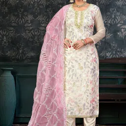 SHADOW & SAINING Floral Printed Zari Work Organza Semi-Stitched Dress Material-image-6