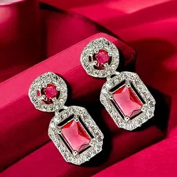 FEMMIBELLA Silver Plated American Diamond Studded Geometric Shaped Drop Earrings-44