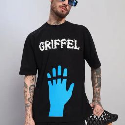 Griffel Black Cotton Loose Fit Printed T-Shirt-image-19