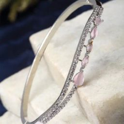 Zeneme Rhodium Plated Silver Toned Pink American Diamond Openable Kada Bracelet-17
