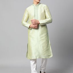 Manthan Men Green Dupion Silk Thread Work Kurta image 1