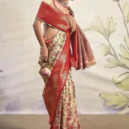 Satrani Cream & Red Woven Saree With Unstitched Blouse-image-81