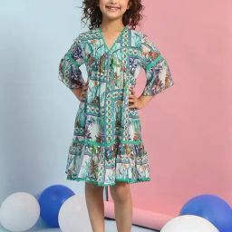 Biba Kids Green Printed Regular Fit Dress-image-79