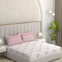 Pure Decor White & Pink Floral 220 TC Queen Bedsheet with 2 Pillow Covers-image-82