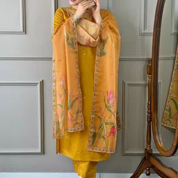 KALINI Floral Embroidered V-Neck Straight Kurta with Trousers & With Dupatta-image-50