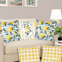 FABINALIV Yellow & Blue 5 Pieces Geometric Velvet Reversible Square Cushion Covers-image-83