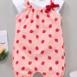 Babyhug Dungaree With Short Sleeves Tee Strawberry Print - Peach White-image-44