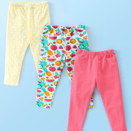 Babyhug Cotton Lycra Full Length Leggings Fruits & Polka Dots Printed Pack of 3 - Yellow Blue & Pink-image-47