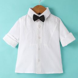 Robo Fry Cotton DC Full Sleeves Pintucks Party Shirt With Bow Solid Colour - White-image-71