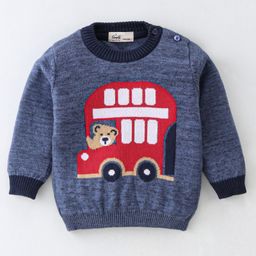 Simply Cotton Knitted Full Sleeves Sweater with Bus Design - Blue-image-79