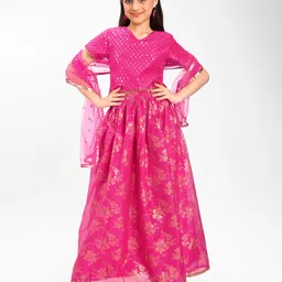 Pine Kids Embroidered Half Sleeves Choli Lehenga Set- Pink-picture-28