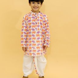 MoMaa Pure Cotton  Full Sleeves Elephant Printed Dhoti Kurta Set - Orange & White-image-80