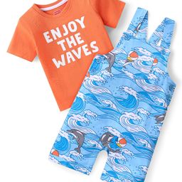 Babyhug Cotton Knit Dolphin Printed Dungaree with Half Sleeves T-Shirt - Light Blue & Orange-image-75
