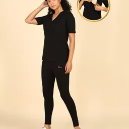 Zelena Half Sleeves Solid Coordinating Top & Leggings Set With Nursing Access -  Black-picture-35