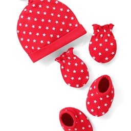 Babyhug 100% Cotton Cap Mittens & Booties Set Star Print - Red-image-27