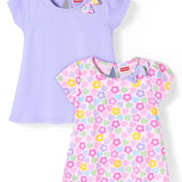 Babyhug Single Jersey Knit Half Sleeves Floral Printed Frocks With Bow Applique Pack of 2 - Lavender & Pink-image-87