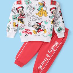 Babyhug Disney Cotton Knit Full Sleeves T-Shirt & Lounge Pants Set With Mickey Mouse Graphics - Red & White-image-48
