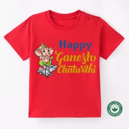 BLUSHES Ganesha Theme 100% Cotton Half Sleeve Ganesh Chaturthi Printed Tee-Red-image-49